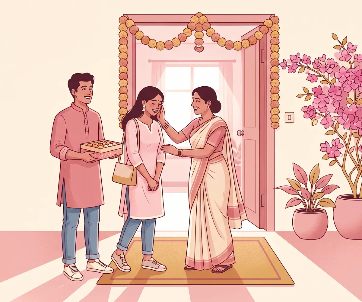 At a flat door hung with marigolds, a mother gently blesses her new daughter-in-law while her son waits with a box of sweets