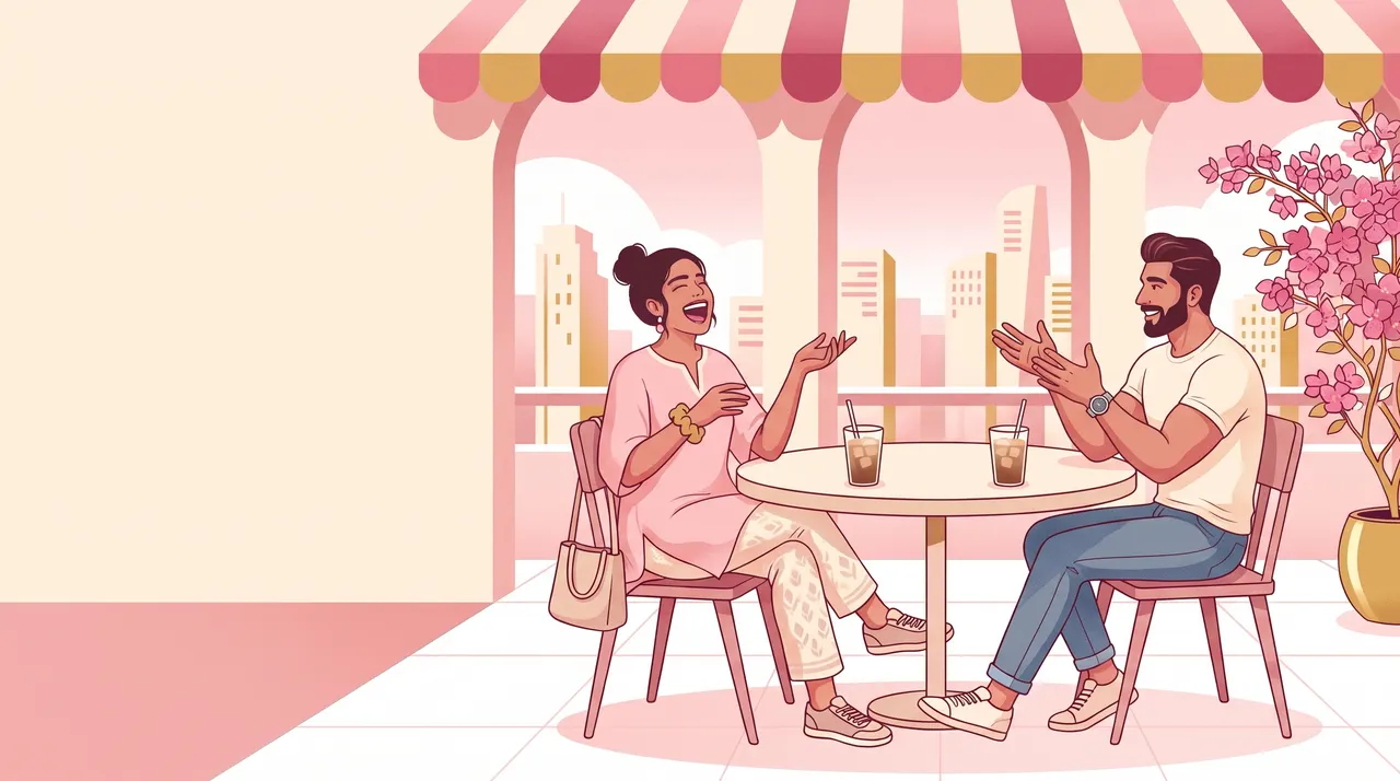 Two people laughing over iced coffee at a sunny rooftop café — an illustration of what we are for