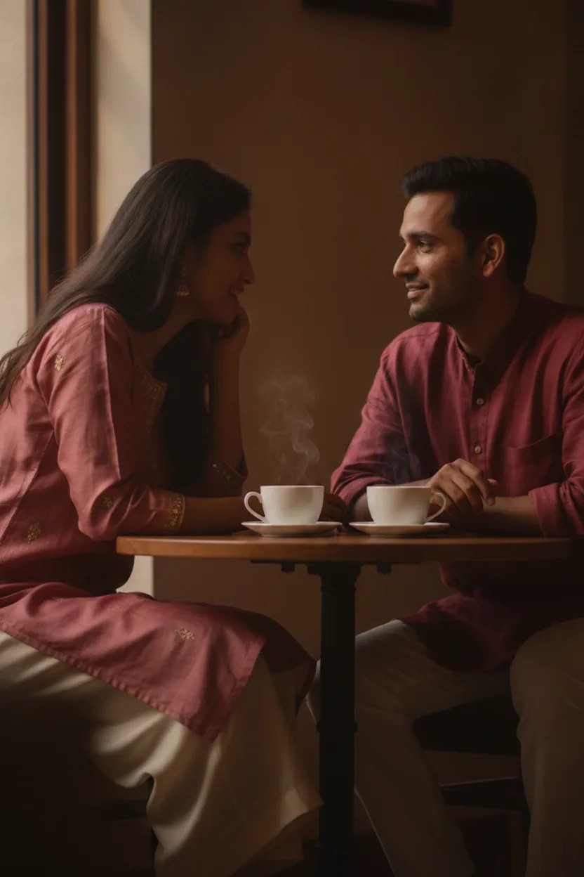 Two people in conversation over coffee — a match our engine scored as highly compatible